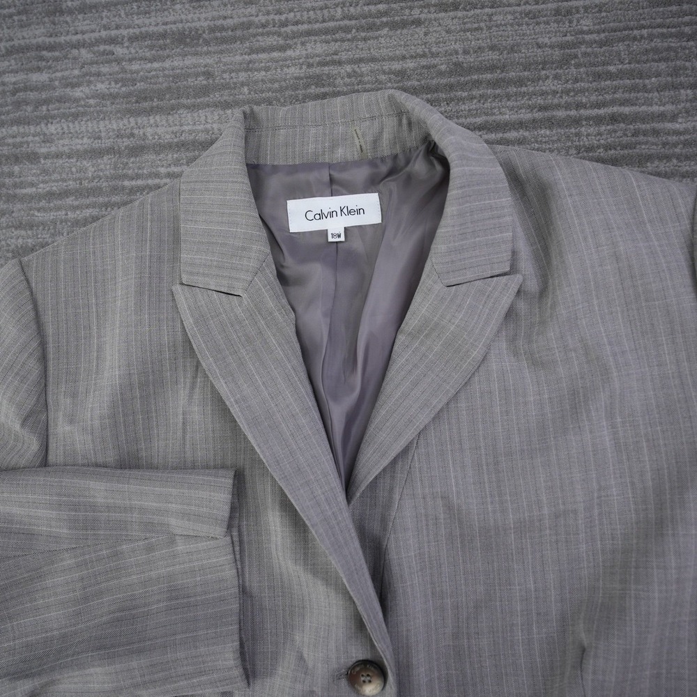Calvin Klein Womens 18W Grey Pinstripe Two Button Blazer Jacket Plus Size